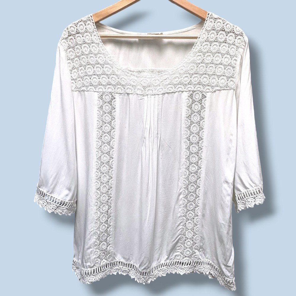 Solitaire by Ravi Khosla White Crochet Lace Peasant Blouse 1X Boho Top